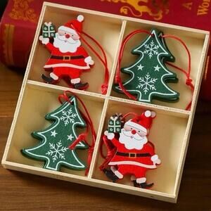NEW Boutique Mini Wooden Christmas Ornaments Set Santa Trees Decor Gift Wrapping